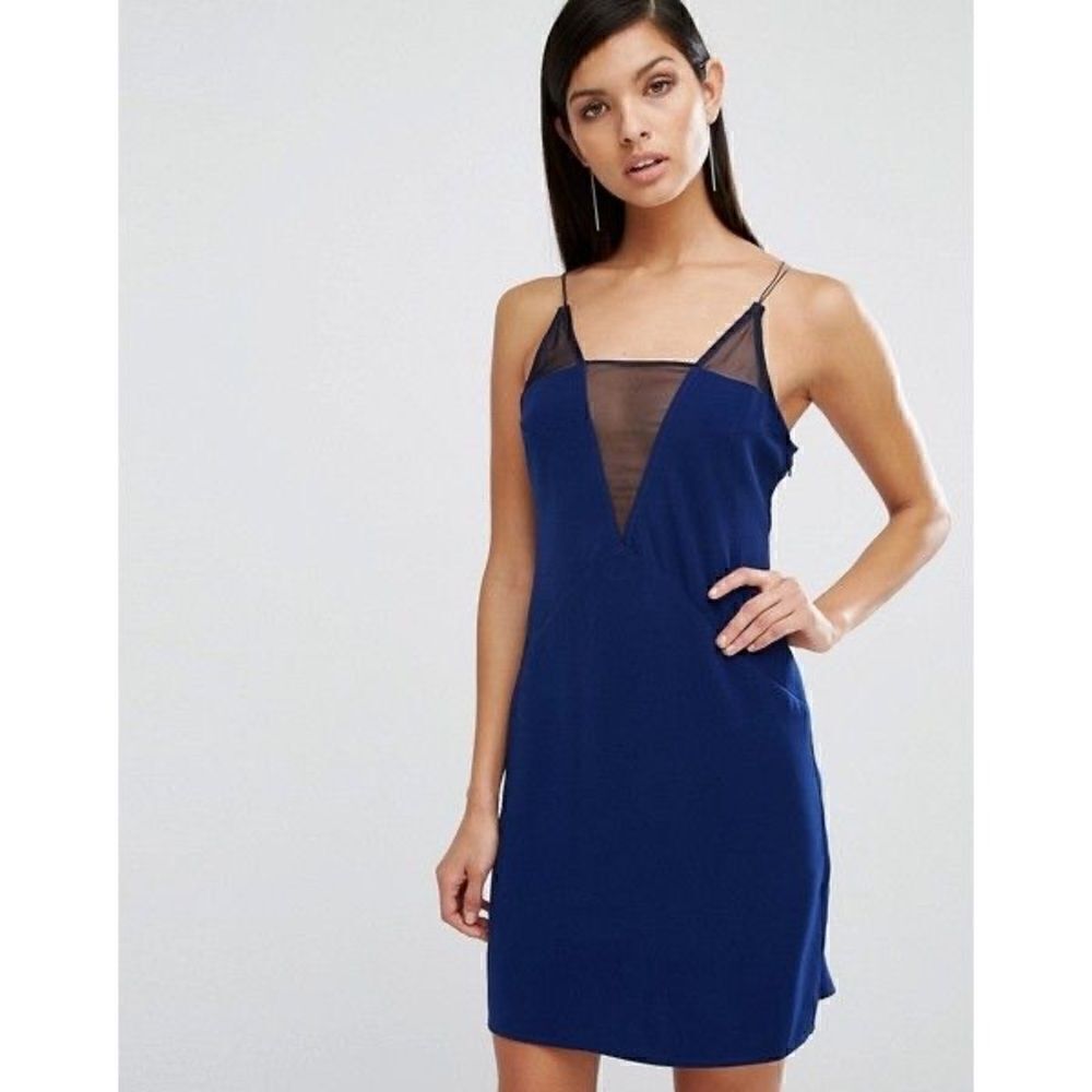 AQ/AQ Montana Mini Dress in Patriot Blue Spaghetti Strap Plunge Mesh NWT Size 0